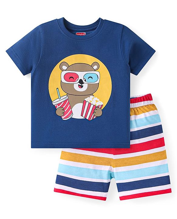 Babyhug Cotton Knit Half Sleeves Shorts Night Suit with Bear Print & Stripes - Navy Blue