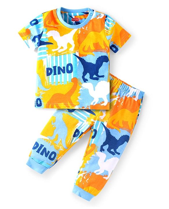 Babyhug Cotton Knit Half Sleeves Night Suit With Dino Print - Light Blue