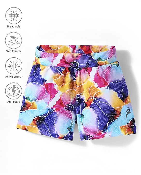 Pine Active Knit Above Knee Length Super Stretch Athletic Shorts with Abstract Print - Multicolor