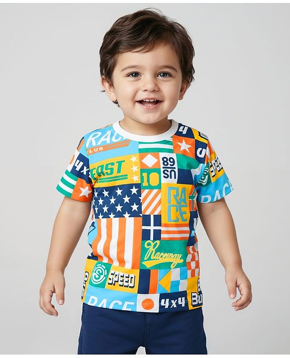 Babyhug Cotton Knit Full Sleeves Tiger & Text Graphics T-Shirt - Blue