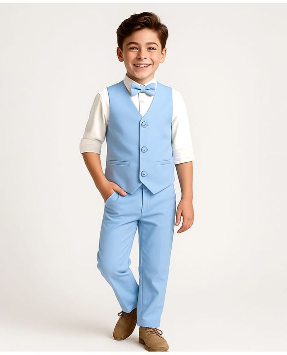 Pine Kids Knit Full Sleeves Solid 3 Piece Party Suit With Bow - Light Blue