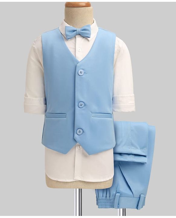 Pine Kids Knit Full Sleeves Solid 3 Piece Party Suit With Bow - Light Blue