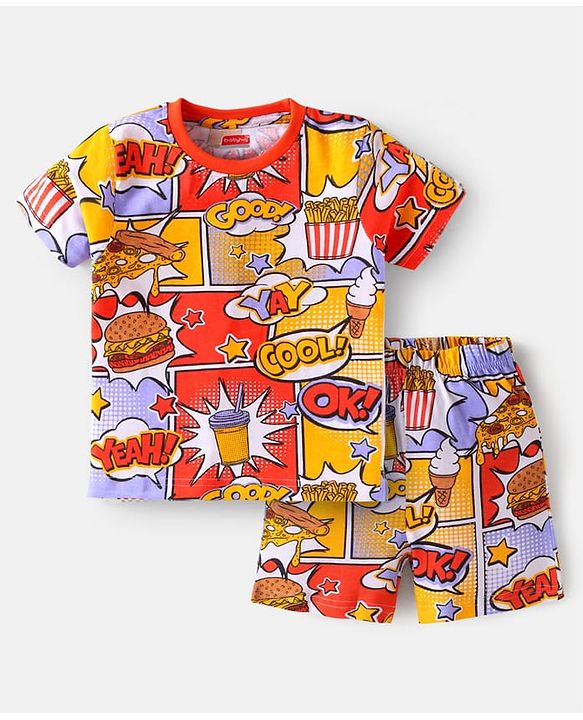Babyhug Cotton Knit Half Sleeves Shorts Night Suit With Burger & Ice Cream Print - Multicolor