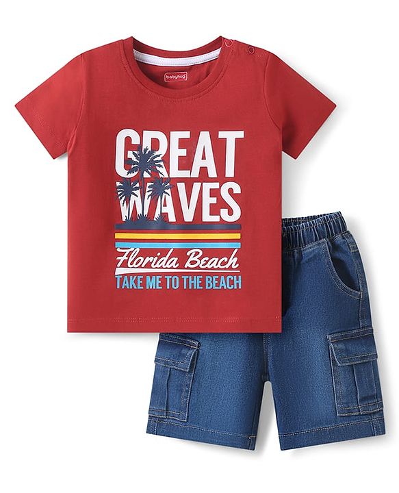 Babyhug Single Jersey Knit Half Sleeves T-Shirt & Denim Shorts Set With Beach Theme Print - Red & Blue