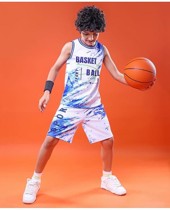 Pine Active Knit Sleeveless Basketball Printed T-Shirt & Shorts Set - White