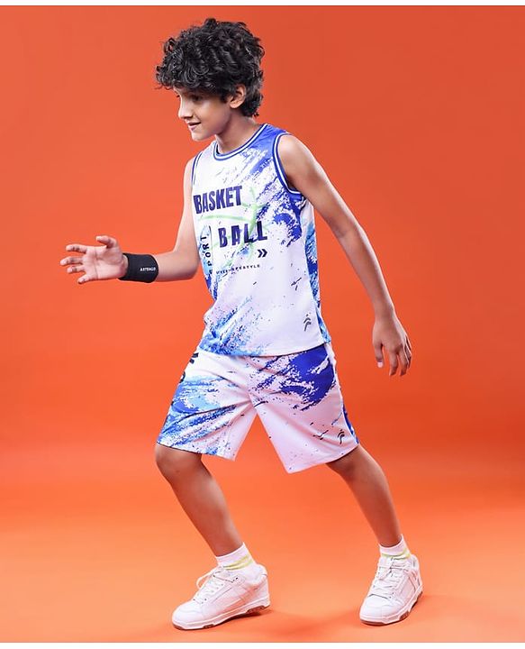 Pine Active Knit Sleeveless Basketball Printed T-Shirt & Shorts Set - White