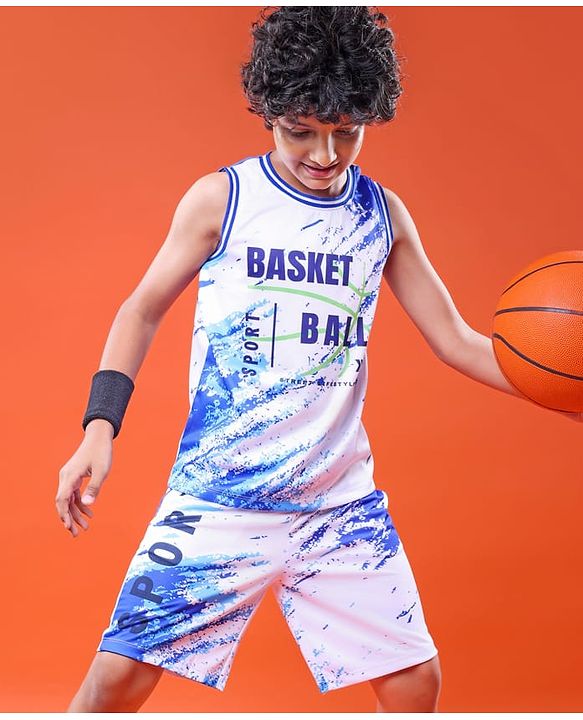 Pine Active Knit Sleeveless Basketball Printed T-Shirt & Shorts Set - White