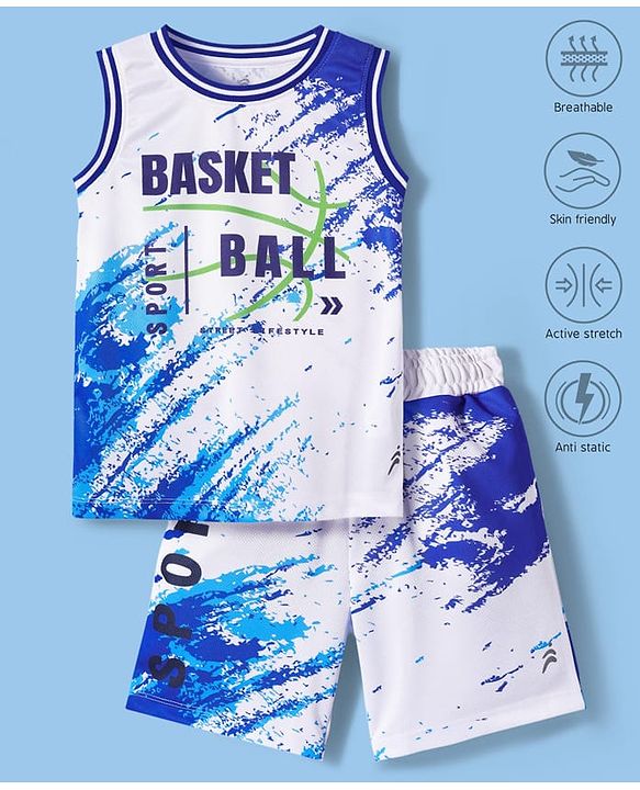 Pine Active Knit Sleeveless Basketball Printed T-Shirt & Shorts Set - White