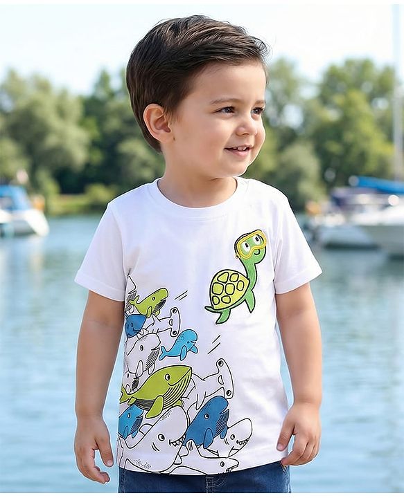 Babyhug Cotton Knit Half Sleeves T-Shirt with Sea Life Print - White