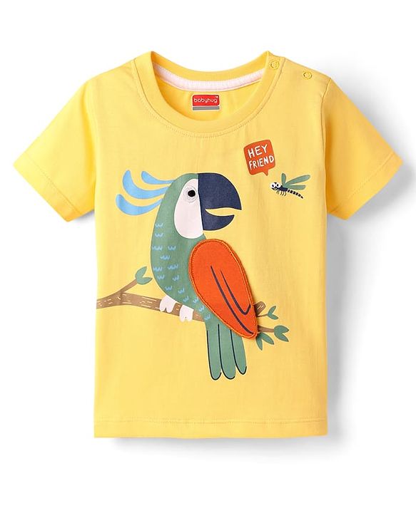 Babyhug Cotton Knit Half Sleeves T-Shirt With Bird Print - Yellow