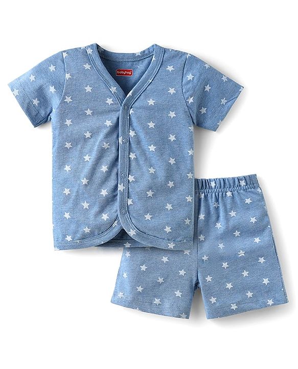 Babyhug Single Jersey Knit Half Sleeves Front Open T-Shirt and Shorts Set with Star Print - Blue