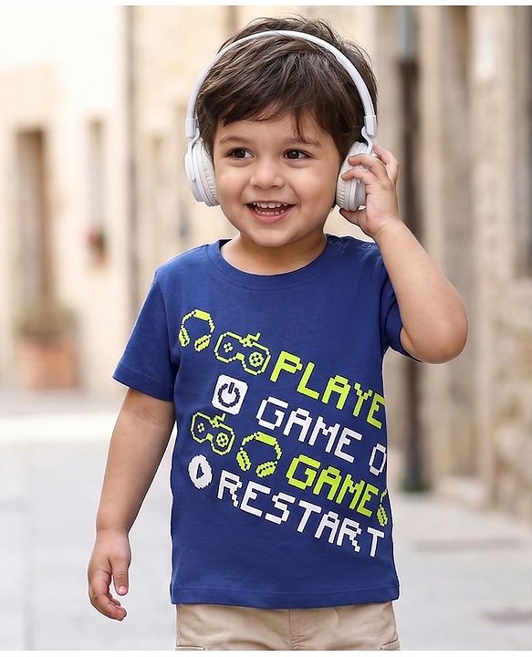 Babyhug Cotton Knit Half Sleeves T-Shirt With Playing Game Text Print - Blue