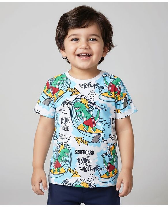 Babyhug Cotton Knit Half Sleeves T-Shirt with Beach Theme Print - White