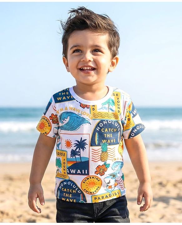 Babyhug Cotton Knit Half Sleeves T-Shirt with Beach Theme Print - White