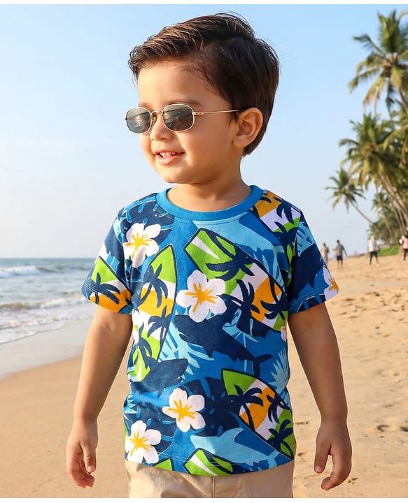 Babyhug Cotton Knit Half Sleeves T-Shirt with Beach Theme Print -  Blue