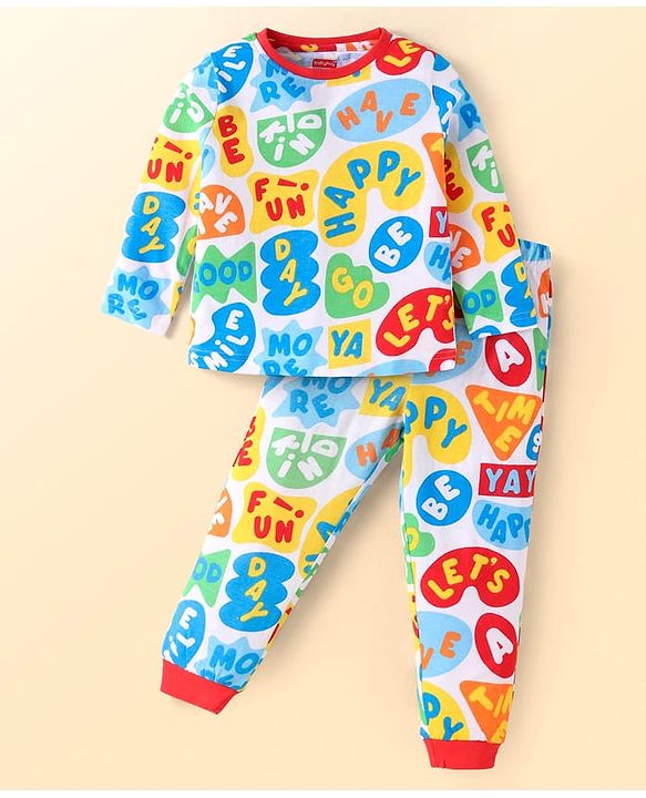 Babyhug Cotton Knit Full Sleeves Co-rds Night Suit with Text Print - Blue