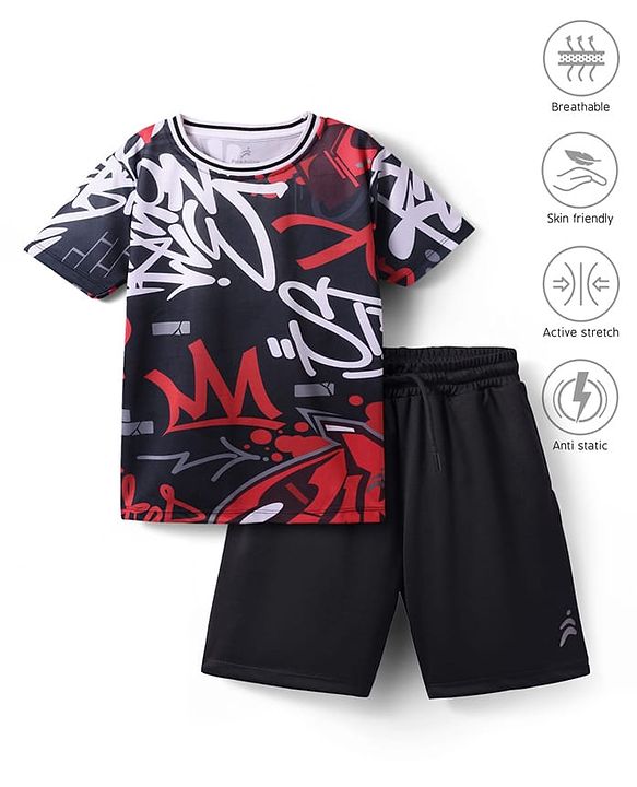 Pine Active Knit Half Sleeves Printed T-Shirt & Shorts - Black