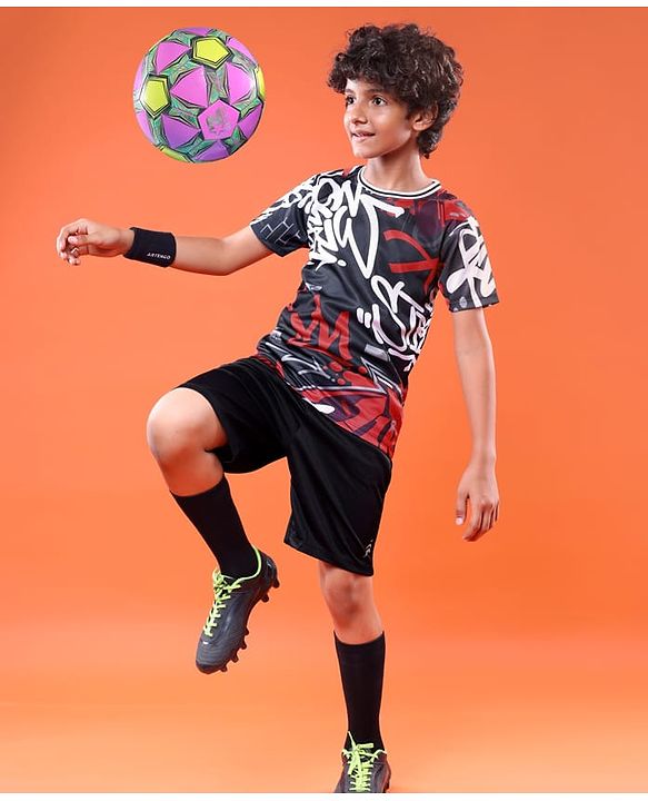 Pine Active Knit Half Sleeves Printed T-Shirt & Shorts - Black