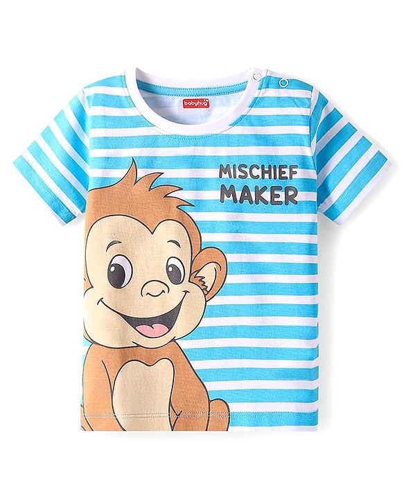 Babyhug Cotton Knit Half Sleeves T-Shirt with Monkey Print & Stripes - Light Blue