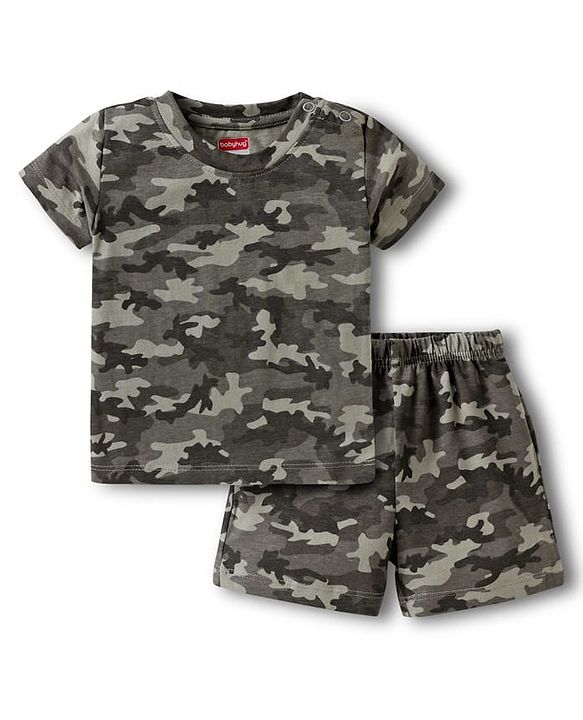 Babyhug Single Jersey Knit Half Sleeves T-Shirt & Shorts Set with Camouflage Print - Grey