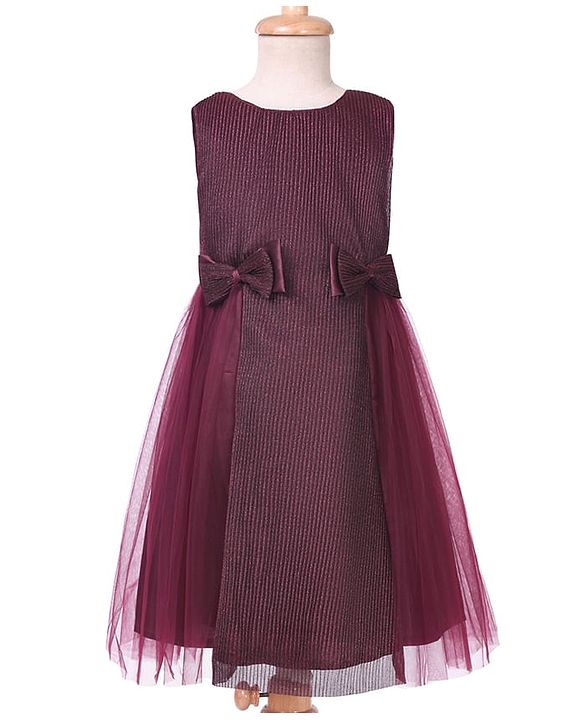 Pine Kids Woven Sleeveless Textured Party Dress with Bow Applique - Wine
