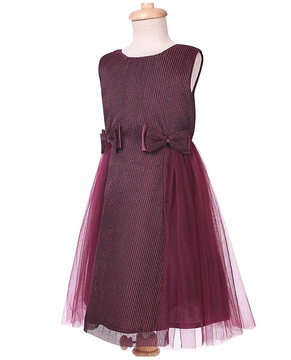 Pine Kids Woven Sleeveless Textured Party Dress with Bow Applique - Wine