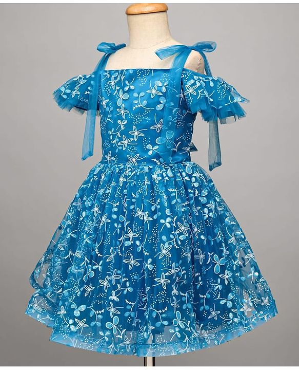 Pine Kids Woven Cold Shoulder Sleeves Party Dress With Floral Print - Blue