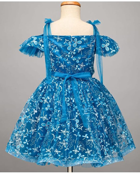 Pine Kids Woven Cold Shoulder Sleeves Party Dress With Floral Print - Blue