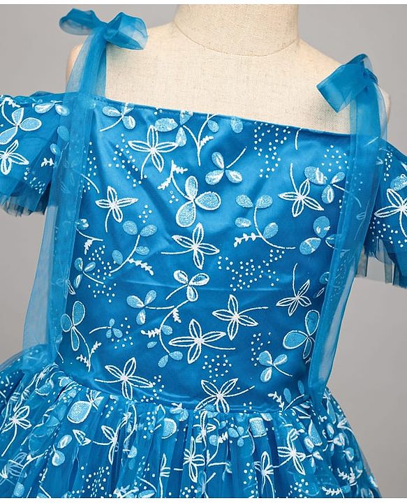 Pine Kids Woven Cold Shoulder Sleeves Party Dress With Floral Print - Blue