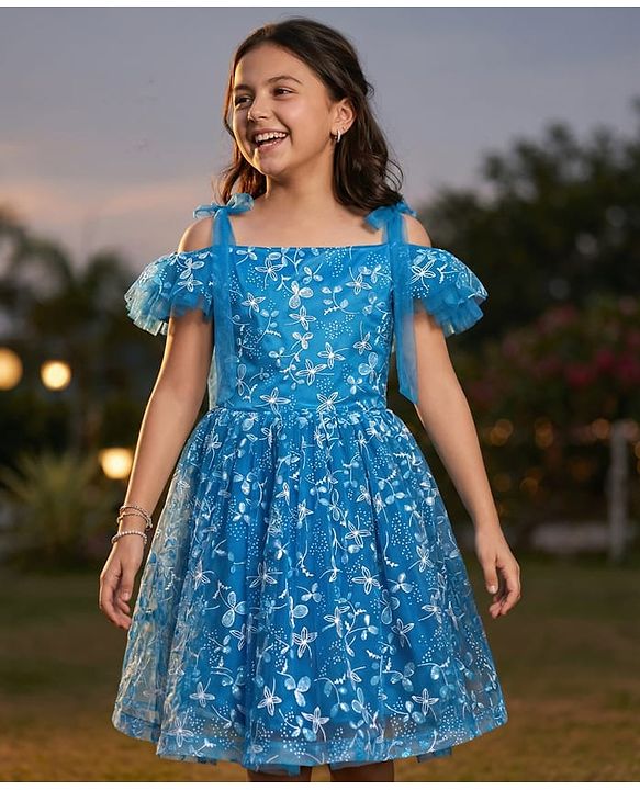 Pine Kids Woven Cold Shoulder Sleeves Party Dress With Floral Print - Blue