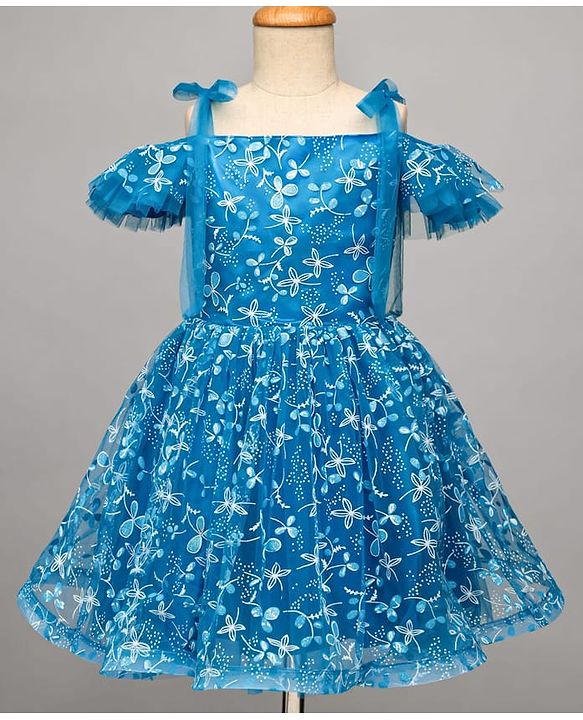Pine Kids Woven Cold Shoulder Sleeves Party Dress With Floral Print - Blue