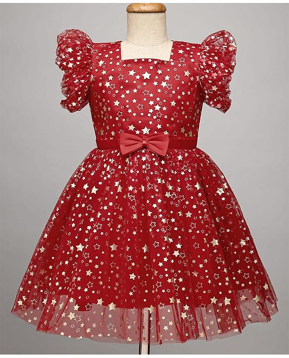 Pine Kids Woven Frill Sleeves Party Dress With Star Print & Bow Applique - Red