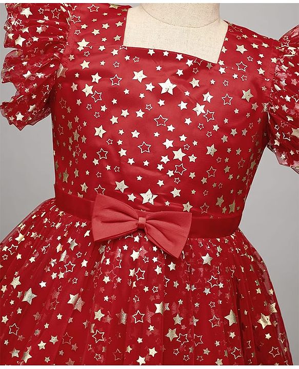 Pine Kids Woven Frill Sleeves Party Dress With Star Print & Bow Applique - Red