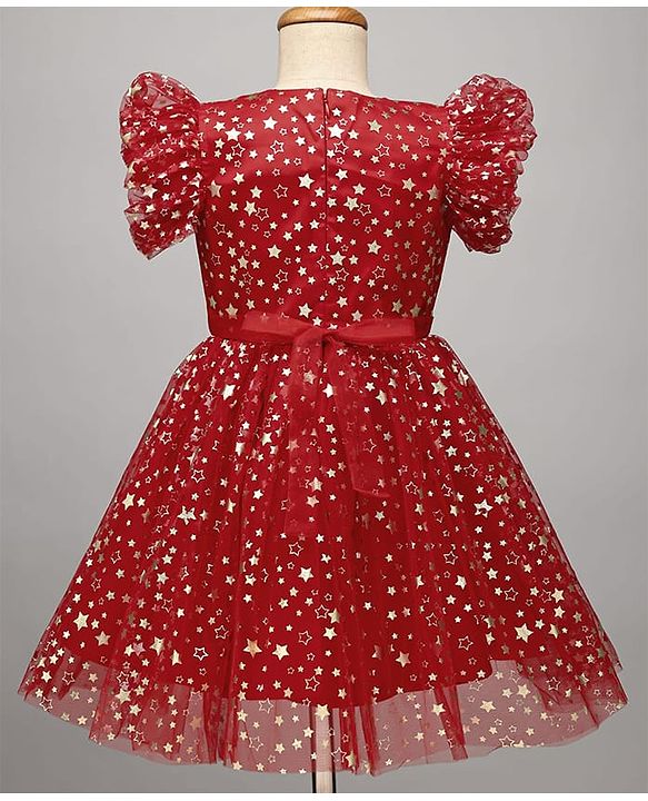 Pine Kids Woven Frill Sleeves Party Dress With Star Print & Bow Applique - Red
