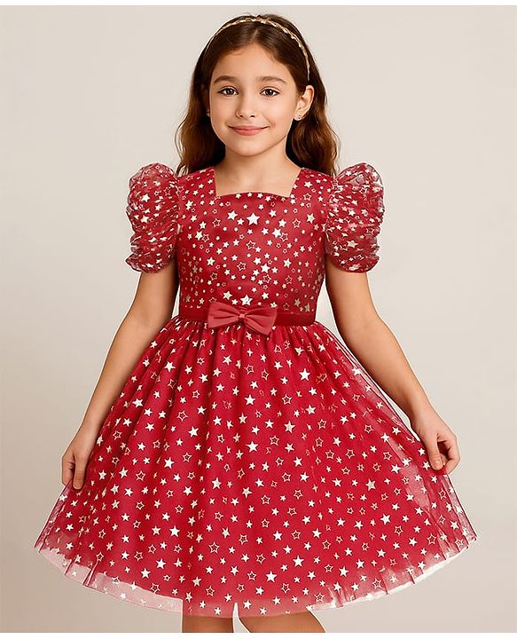 Pine Kids Woven Frill Sleeves Party Dress With Star Print & Bow Applique - Red