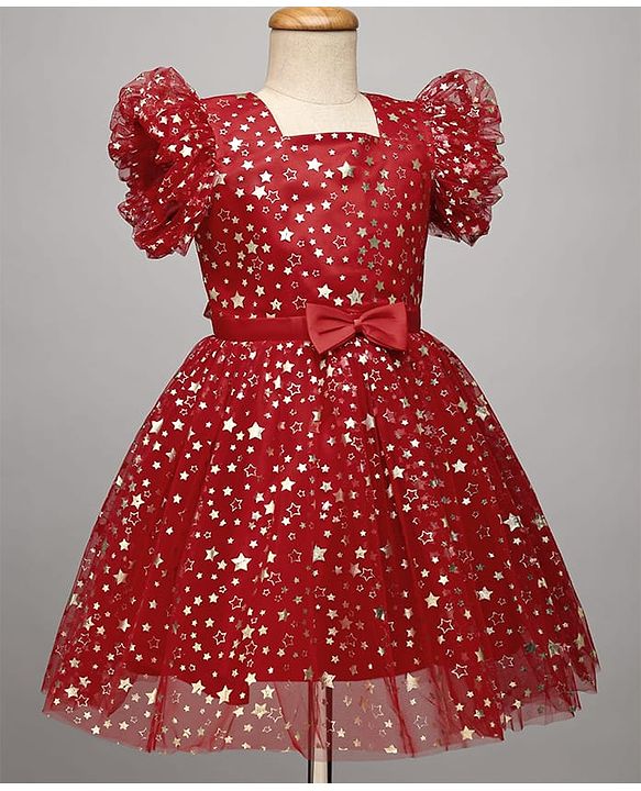 Pine Kids Woven Frill Sleeves Party Dress With Star Print & Bow Applique - Red