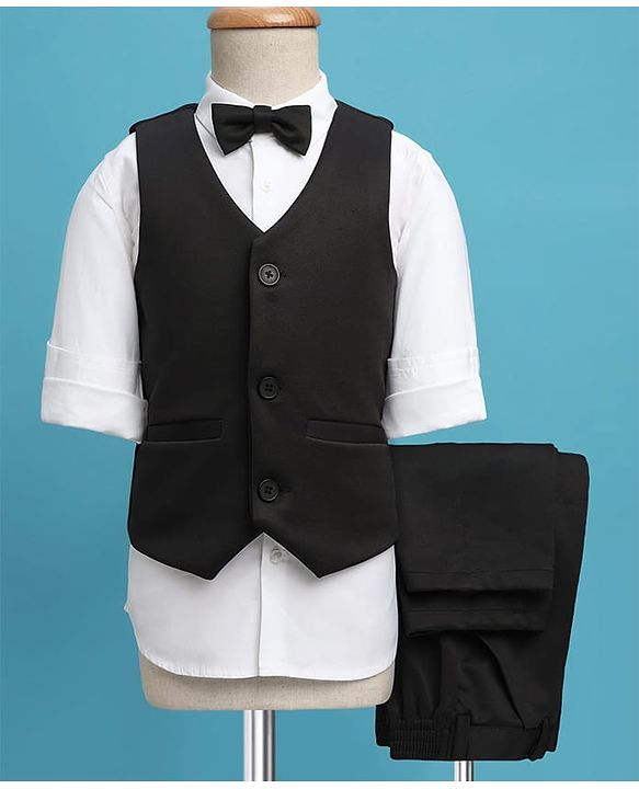 Pine Kids Knit Full Sleeves Solid Color 3 Piece Party Suit with Bow - Black