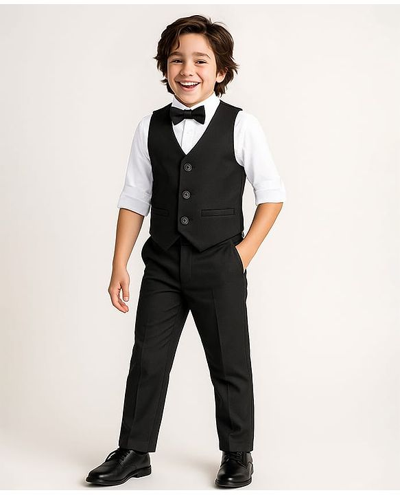 Pine Kids Knit Full Sleeves Solid Color 3 Piece Party Suit with Bow - Black