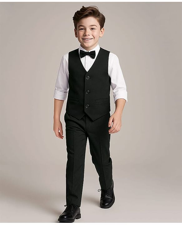 Pine Kids Knit Full Sleeves Solid Color 3 Piece Party Suit with Bow - Black