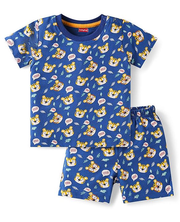 Babyhug Single Jersey Knit Half Sleeves Co-ords T-Shirt & Shorts Set with Tiger Print - Navy Blue