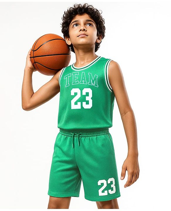 Pine Active Knit Sleeveless Number Printed Basketball T-Shirt & Shorts Set - Green