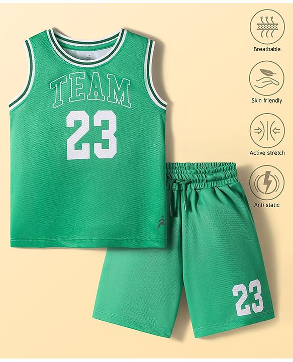 Pine Active Knit Sleeveless Number Printed Basketball T-Shirt & Shorts Set - Green