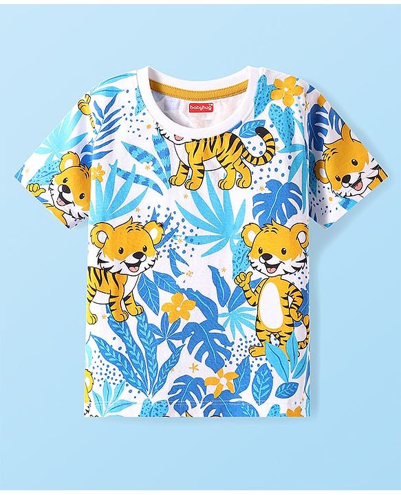 Babyhug Cotton Knit Half Sleeves T-Shirt with Jungle Theme Print - White