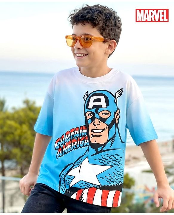 Pine Kids Marvel Terry Knit Half Sleeves Oversized Drop Shoulder Ombre Effect T-Shirt With Avengers Captain America Graphics - Light Blue