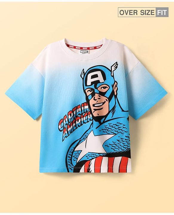Pine Kids Marvel Terry Knit Half Sleeves Oversized Drop Shoulder Ombre Effect T-Shirt With Avengers Captain America Graphics - Light Blue