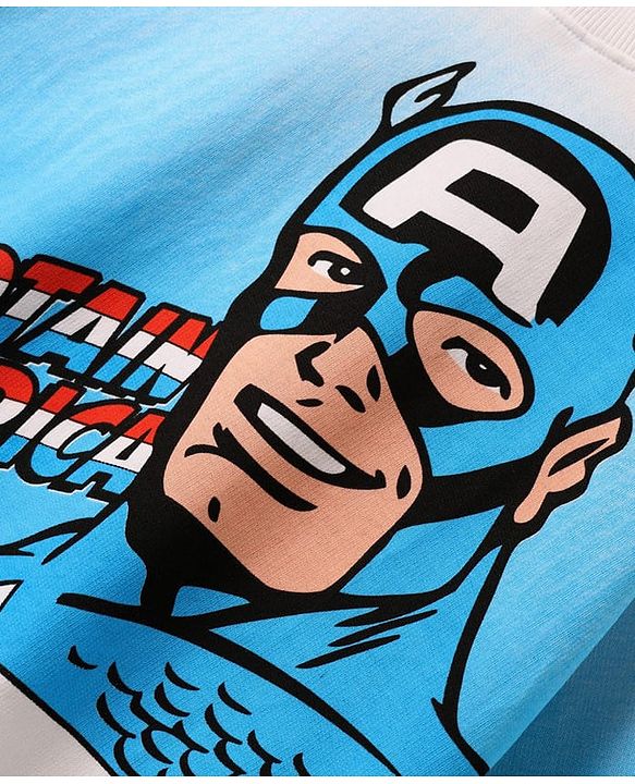 Pine Kids Marvel Terry Knit Half Sleeves Oversized Drop Shoulder Ombre Effect T-Shirt With Avengers Captain America Graphics - Light Blue