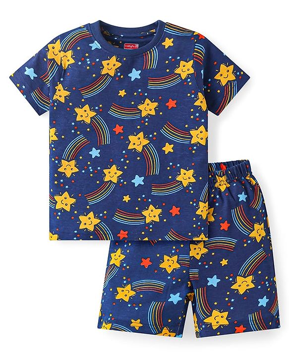 Babyhug Cotton Knit Half Sleeves Shorts Night Suit with Stars Print - Navy Blue