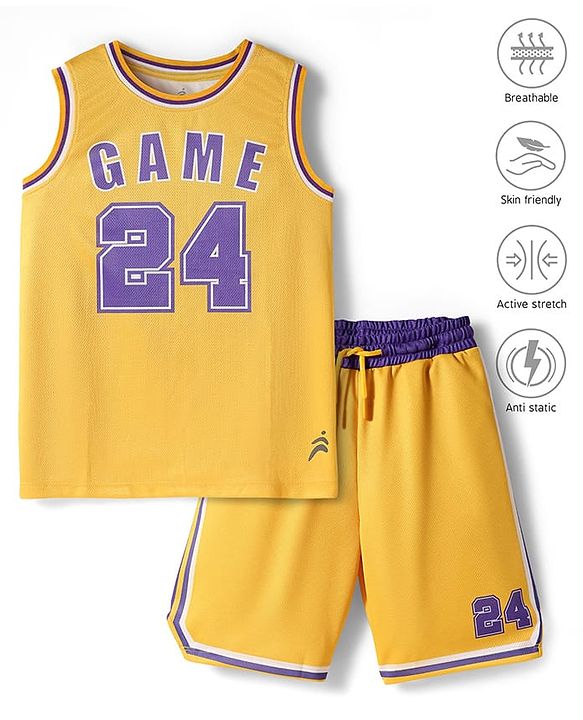 Pine Active Sleeveless Basketball T-Shirt & Short With Game Print - Yellow