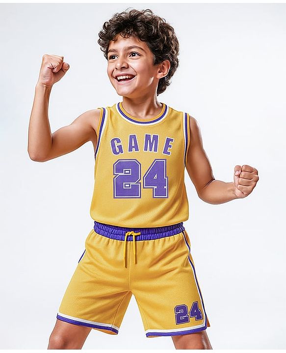 Pine Active Sleeveless Basketball T-Shirt & Short With Game Print - Yellow