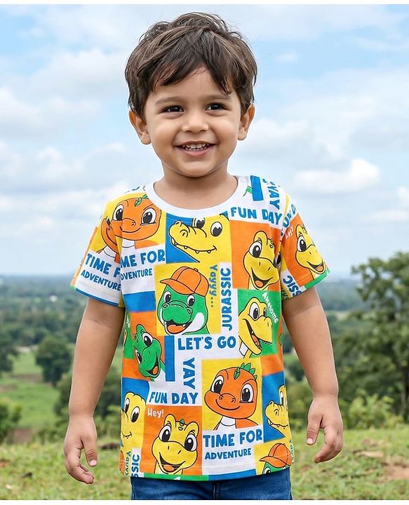Babyhug Cotton Knit Half Sleeves T-Shirt With Dino Print - Yellow & White